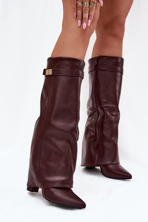 Pretty Little Thing Burgundy Fold-Over Pointed Knee-High Boots