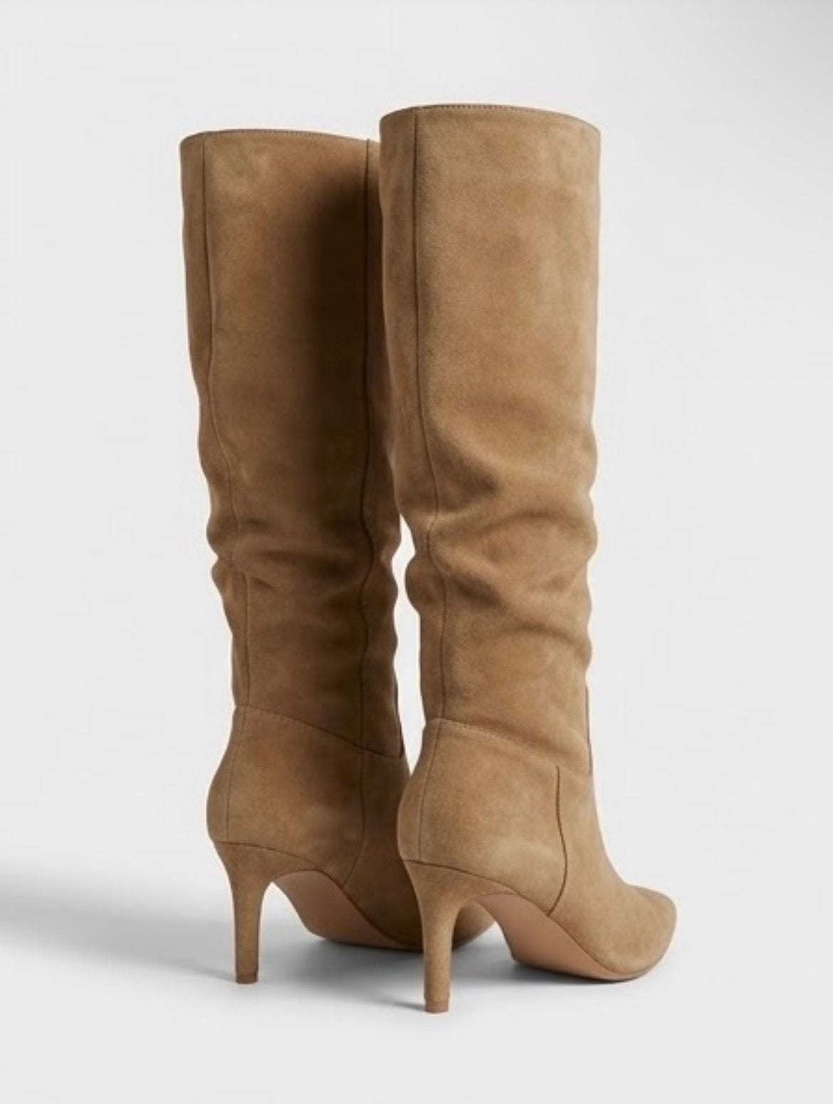 Boohoo Camel Suede Slouch Knee-High Stiletto Boots, back view
