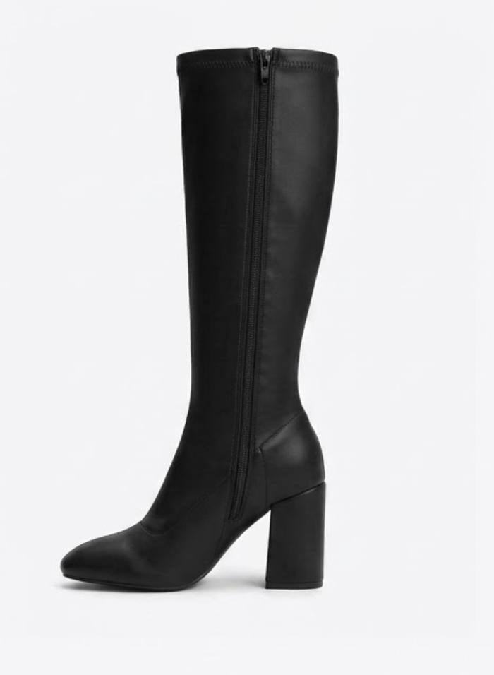 Boohoo Black Almond Toe Block Heel Knee-High Boots