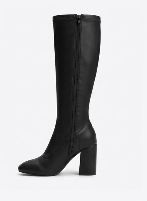 Boohoo Black Almond Toe Block Heel Knee-High Boots