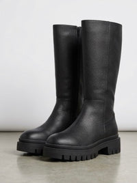 Boohoo Black Pebbled Knee-High Chunky Cleated Sole Boots