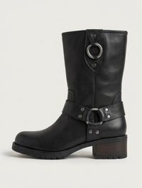 Schuh Black Leather Harness Biker Mid-Calf Boots