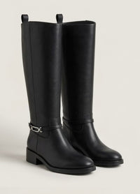 Primark Black Knee-High Riding Boots with Silver Link Strap