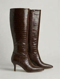 Boohoo Brown Croc-Effect Pointed Kitten Heel Knee-High Boots