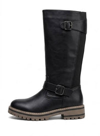 Lotus Black Mid-Calf Biker Boots with Buckles