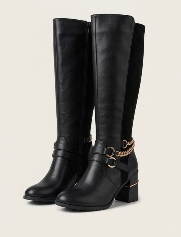 River Island Black Knee-High Block Heel Boots with Gold Chain