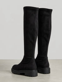 Linzi Black Stretch Knee-High Chunky Sole Boots