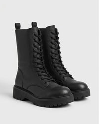 Primark Black Pebbled Lace-Up Chunky Mid-Calf Boots