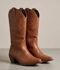 Boohoo Tan Embroidered Cowboy Boots