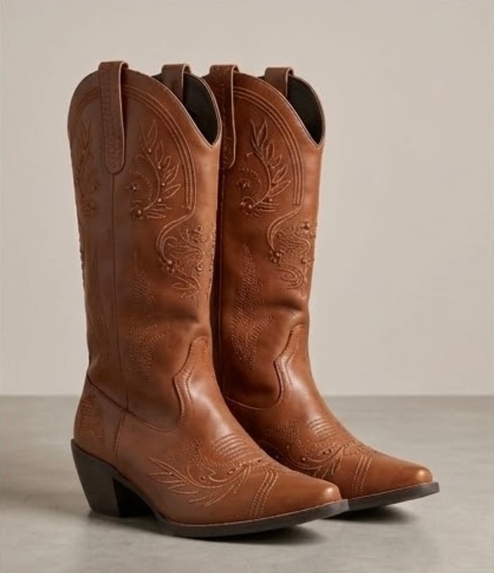 Boohoo Tan Embroidered Cowboy Boots