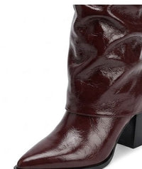 Pretty Little Thing Burgundy High-Shine Fold-Over Block Heel Knee-High Boots
