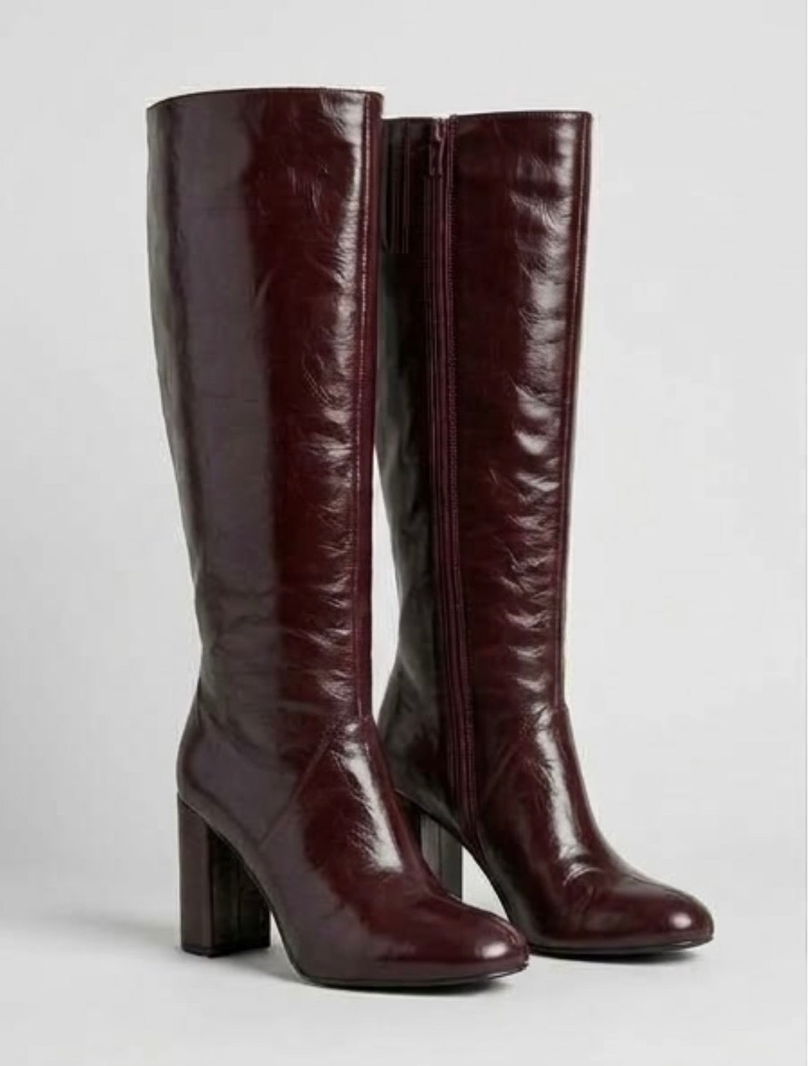 Boohoo Burgundy High-Shine Block Heel Knee-High Boots