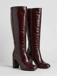 Boohoo Burgundy High-Shine Block Heel Knee-High Boots