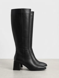 Boohoo Black Square Toe Block Heel Knee-High Boots