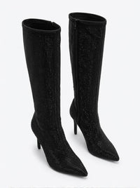 Mint Velvet Black Diamanté Embellished Stiletto Knee-High Boots