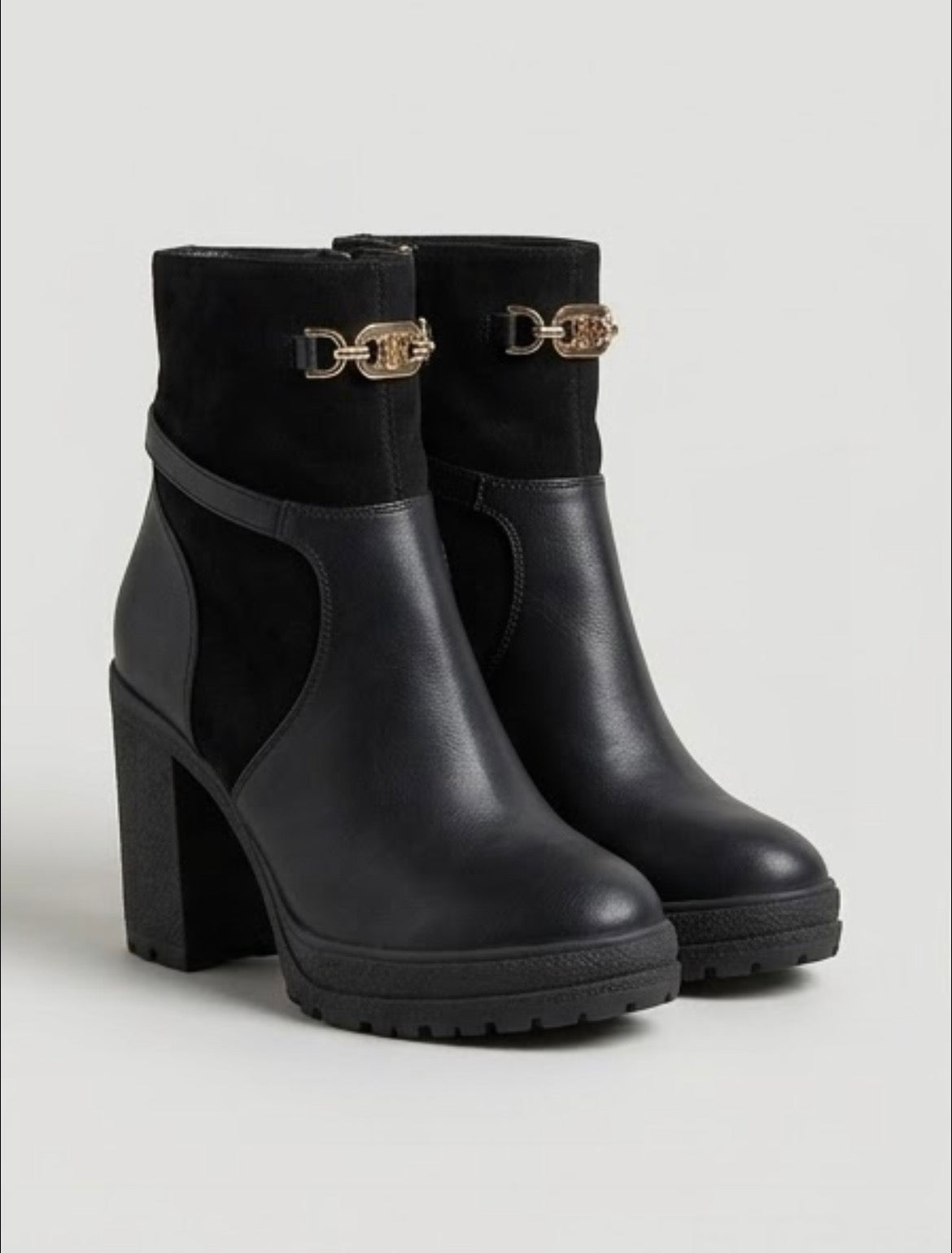 River Island Black Gold Chain Platform Block Heel Ankle Boots