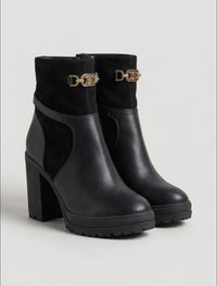 River Island Black Gold Chain Platform Block Heel Ankle Boots