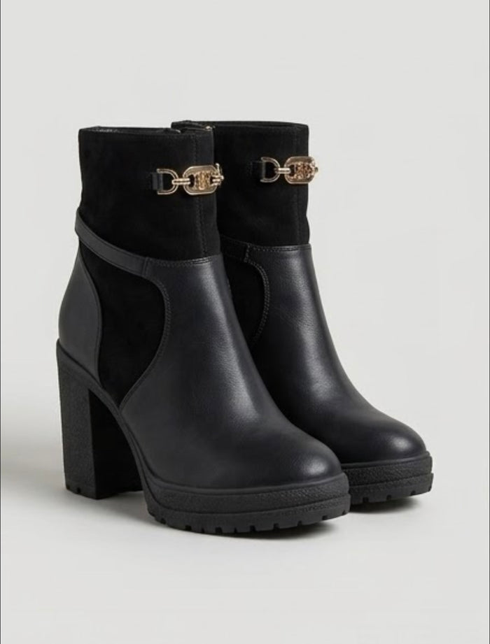 River Island Black Gold Chain Platform Block Heel Ankle Boots