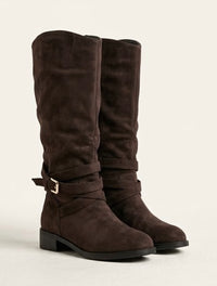 Oasis Brown Suede Knee-High Boots with Gold Buckle