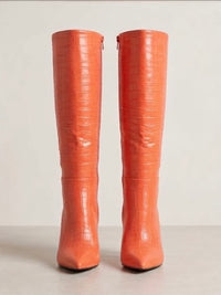 Pretty Little Thing Orange Croc-Effect Knee-High Stiletto Boots