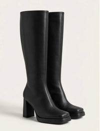 Boohoo Black Square Toe Platform Knee-High Boots