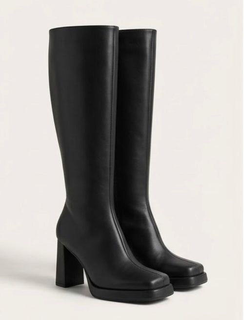 Boohoo Black Square Toe Platform Knee-High Boots, angled view