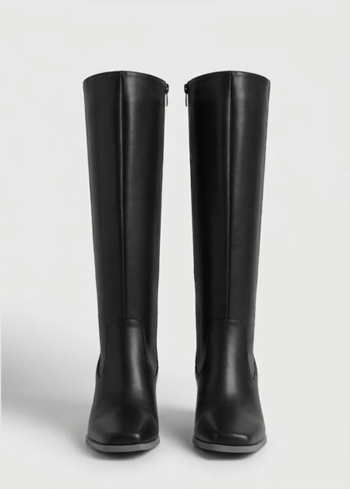 Boohoo Black Knee-High Stacked Block Heel Boots, front view