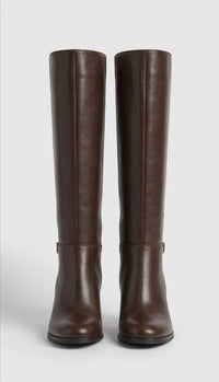 Primark Brown Knee-High Gold Buckle Block Heel Boots