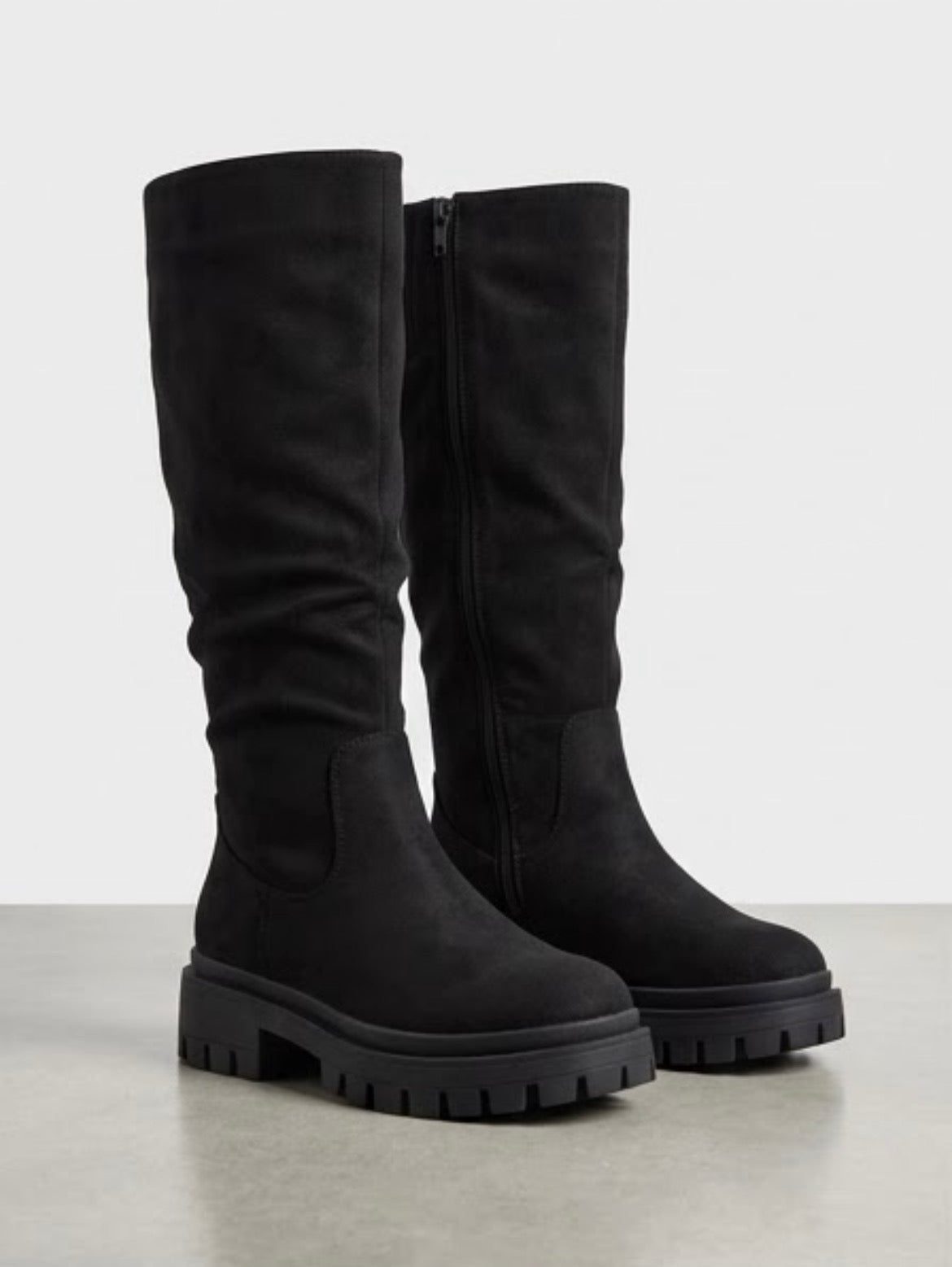 Boohoo Black Slouch Knee-High Chunky Sole Boots