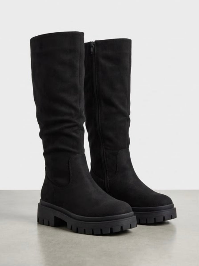 Boohoo Black Slouch Knee-High Chunky Sole Boots