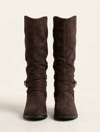 Oasis Brown Suede Knee-High Boots with Gold Buckle