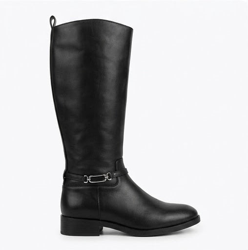 Primark Black Flat Riding Knee-High Boots with Silver Buckle