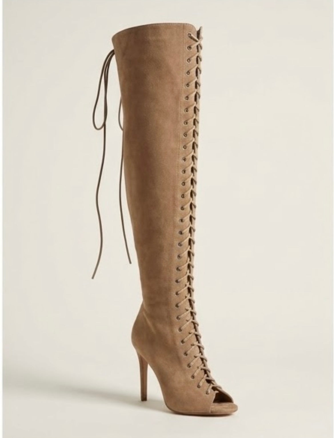 Truffle Collection Taupe Lace-Up Over-the-Knee Stiletto Boots