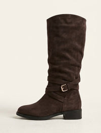 Oasis Brown Suede Knee-High Boots with Gold Buckle