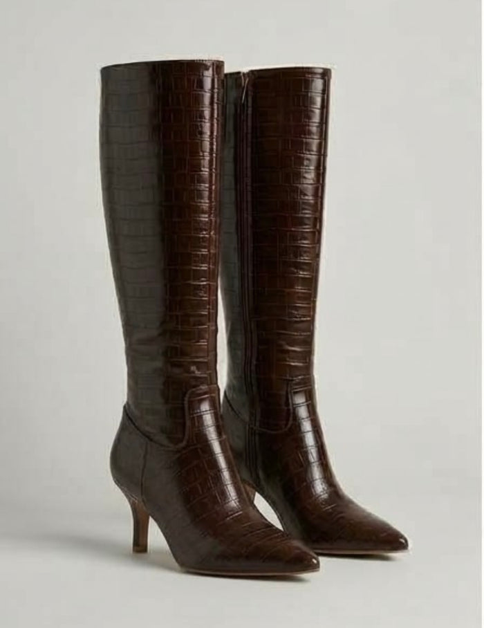 Boohoo Brown Croc-Effect Pointed Kitten Heel Knee-High Boots