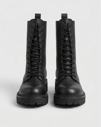 Primark Black Pebbled Lace-Up Chunky Mid-Calf Boots