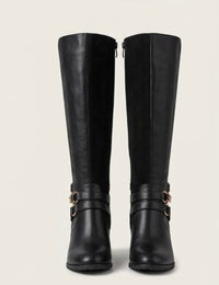 River Island Black Knee-High Block Heel Boots with Gold Chain