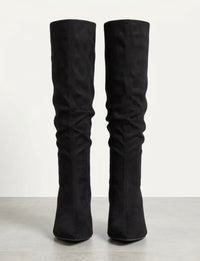 Boohoo Wide Fit Black Suede-Effect Slouch Knee-High Mid Heel Boots