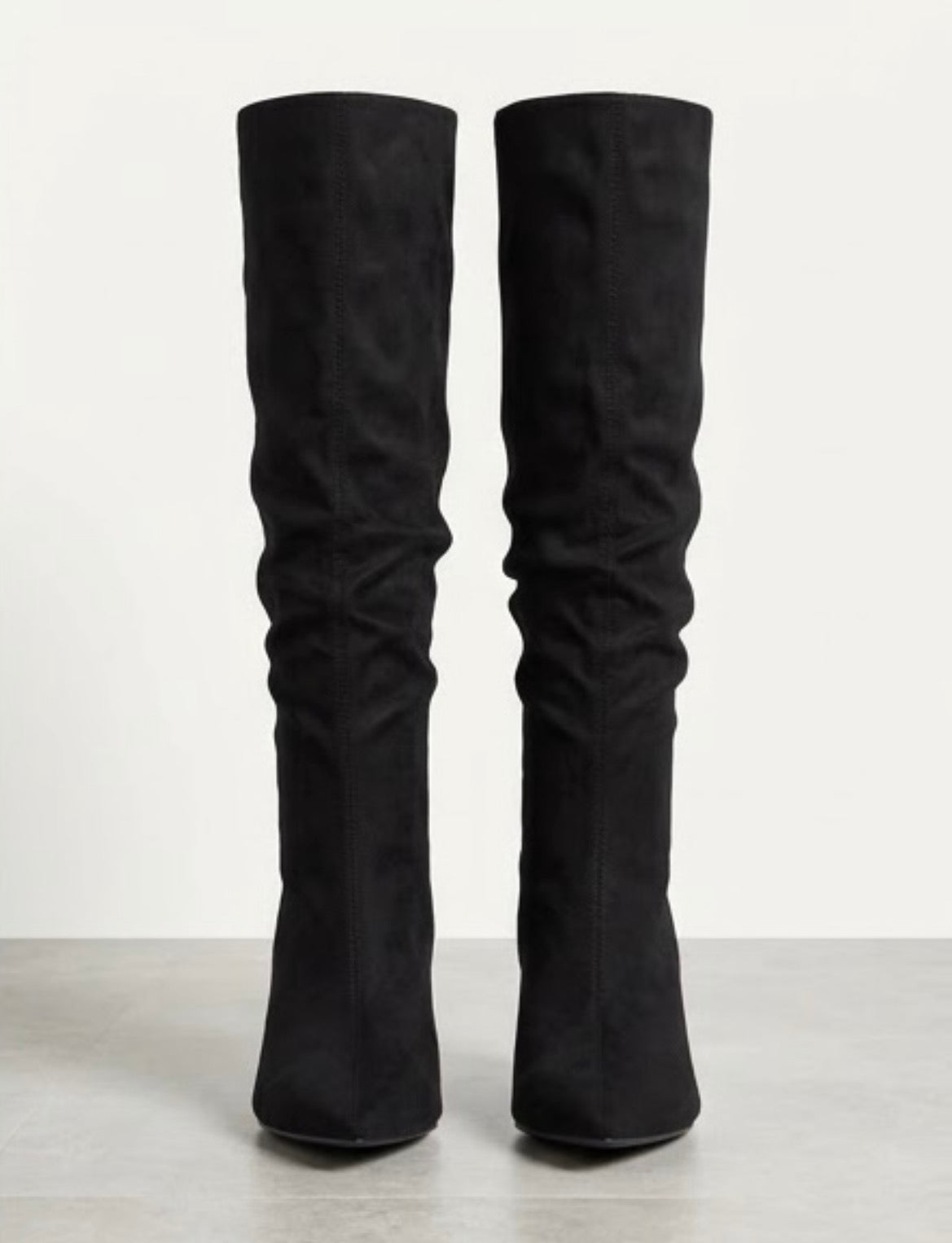 Boohoo Wide Fit Black Suede-Effect Slouch Knee-High Mid Heel Boots