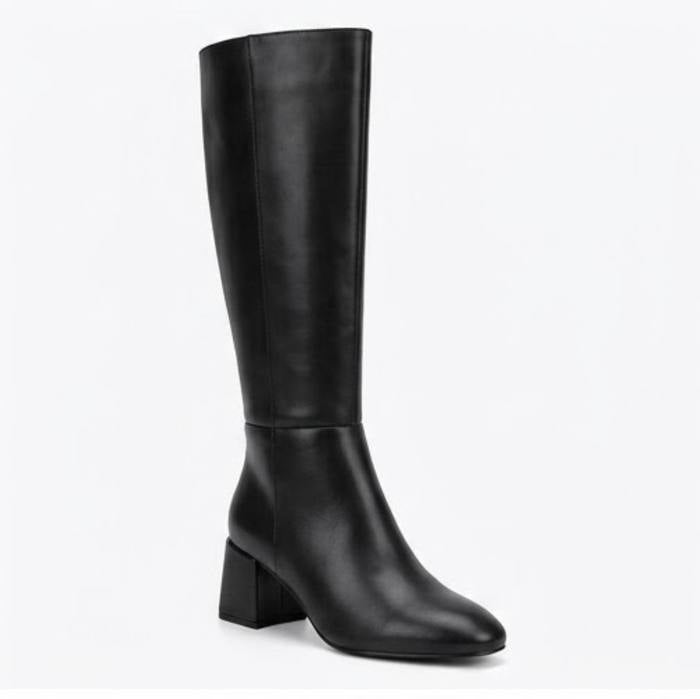 Boohoo Black Square Toe Block Heel Knee-High Boots