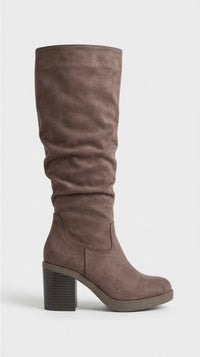 Pretty Little Thing Taupe Suede-Effect Slouch Block Heel Boots