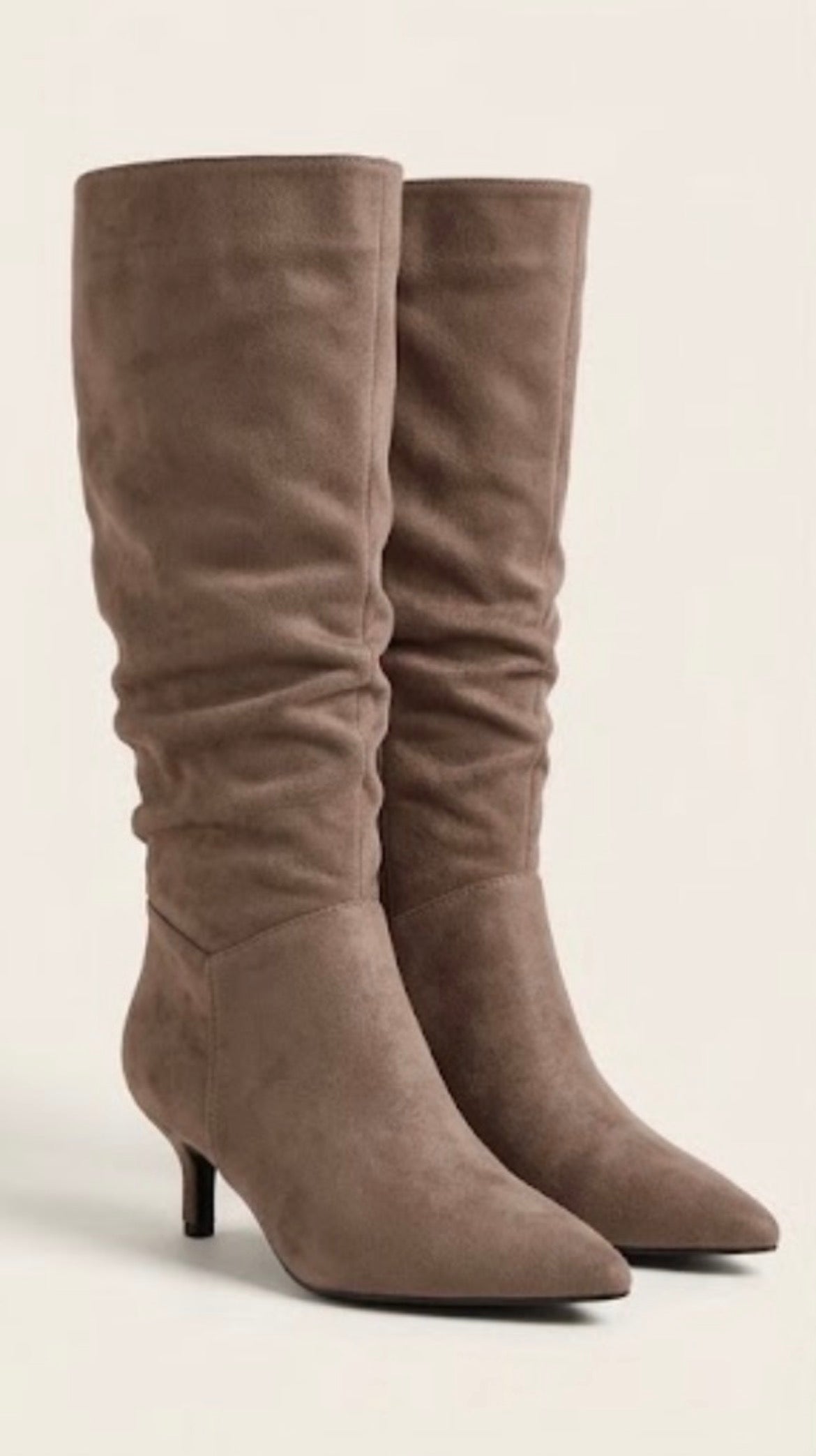 Taupe Suede-Effect Slouch Kitten Heel Boots