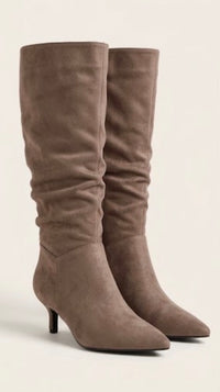 Taupe Suede-Effect Slouch Kitten Heel Boots
