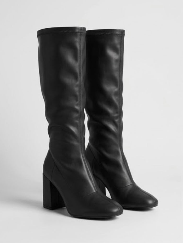 Boohoo Black Stretch Knee-High Block Heel Boots