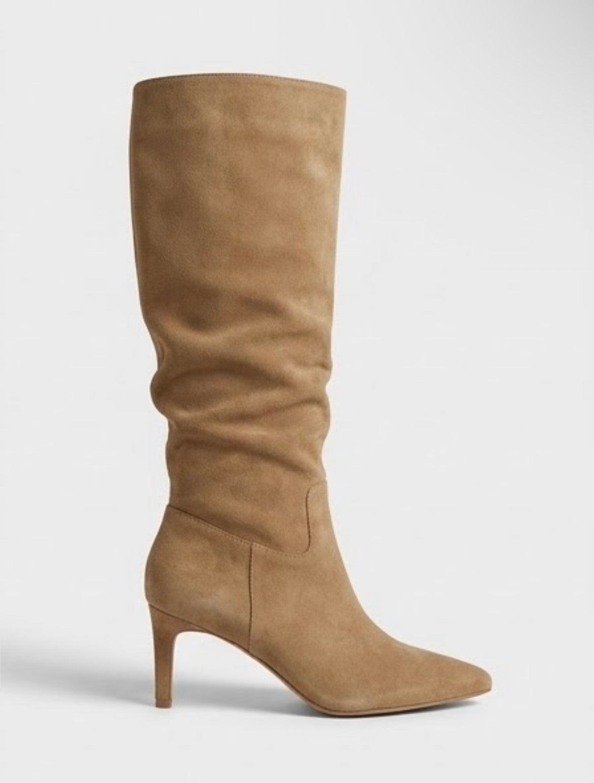 Boohoo Camel Suede Slouch Knee-High Stiletto Boots, side view