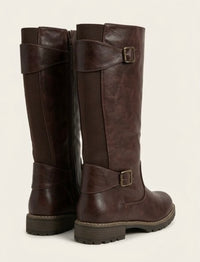 Lotus Dark Brown Knee-High Buckle Biker Boots