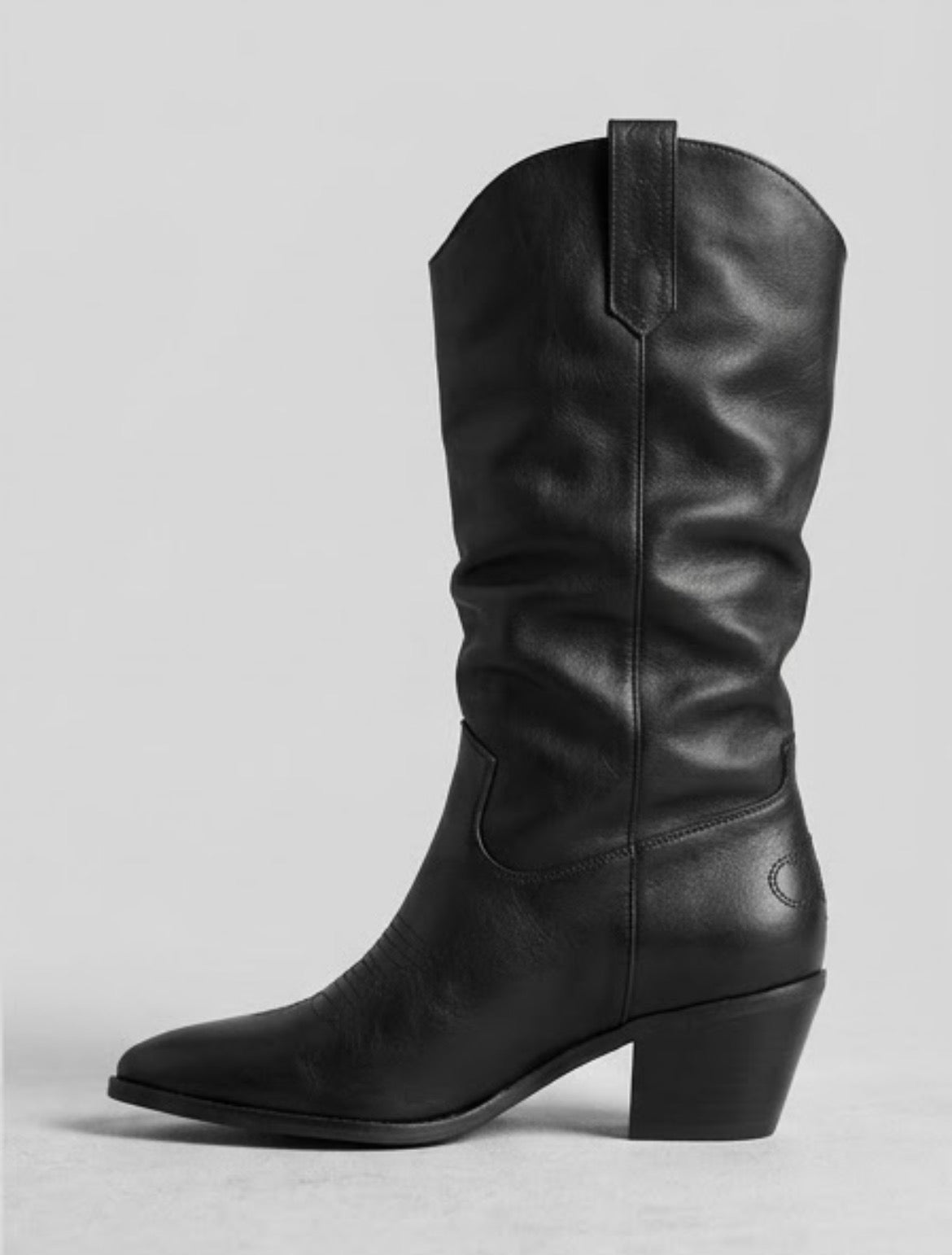 Boohoo Black Slouch Mid-Calf Cowboy Boots, side view