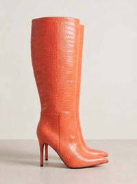 Pretty Little Thing Orange Croc-Effect Knee-High Stiletto Boots