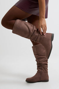 Brown Suede-Effect Slouch Flat Boots