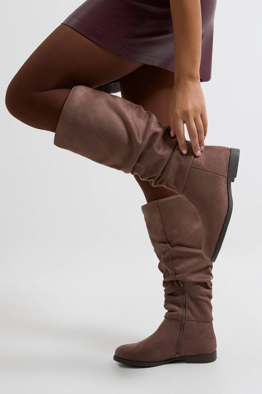 Brown Suede-Effect Slouch Flat Boots